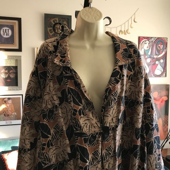 MAGGIE BARNES size 5X Beige Black & Brown Batik Leaf Print Linen Shirt Jacket - Picture 2 of 3